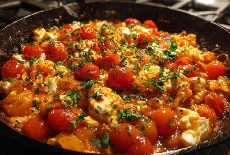 Close-up of creamy, baked feta pasta sauce featuring roasted cherry tomatoes and herbs in a cast iron skillet.