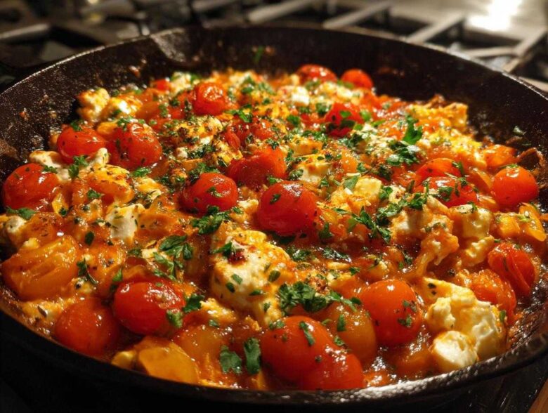 Close-up of creamy, baked feta pasta sauce featuring roasted cherry tomatoes and herbs in a cast iron skillet.