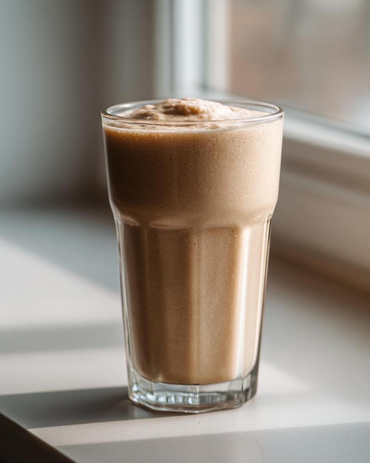 A thick, creamy Banana Peanut Butter Smoothie served in a tall, clear glass next to a window.