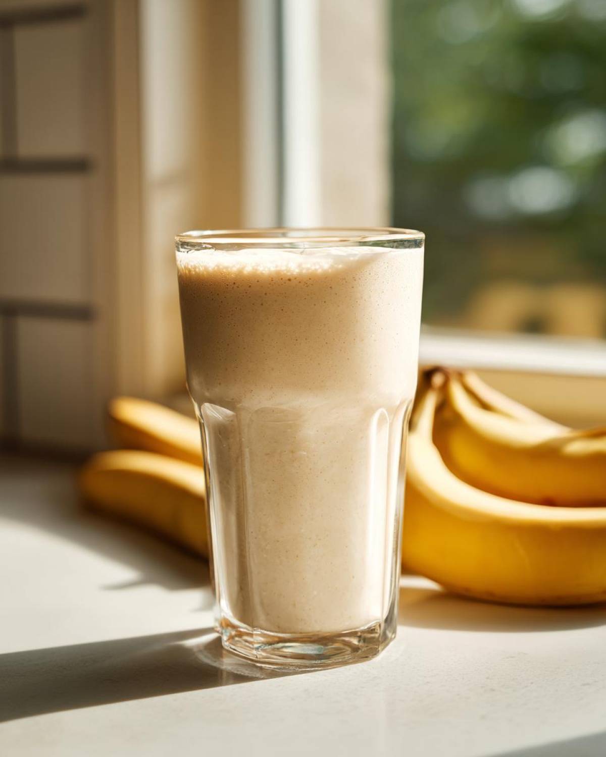 A tall glass filled with a creamy Banana Peanut Butter Smoothie next to fresh bananas.