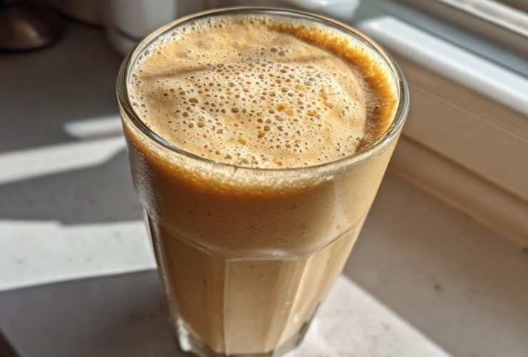 Close-up of a thick, frothy Banana Peanut Butter Smoothie in a tall glass sitting near a bright window.
