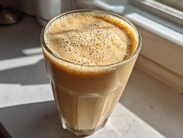 Close-up of a thick, frothy Banana Peanut Butter Smoothie in a tall glass sitting near a bright window.