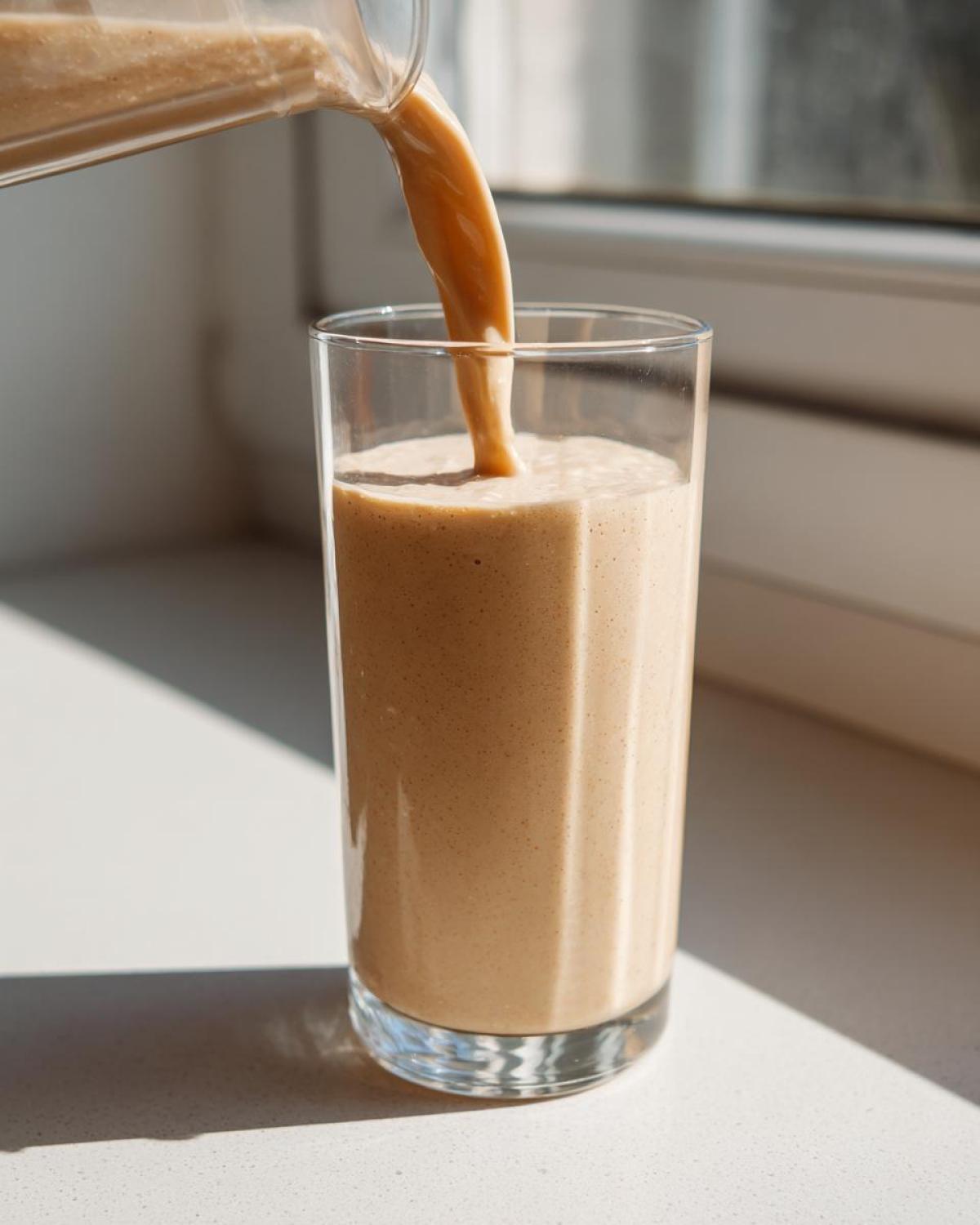 Close-up of a thick Banana Peanut Butter Smoothie being poured from a blender pitcher into a tall glass.
