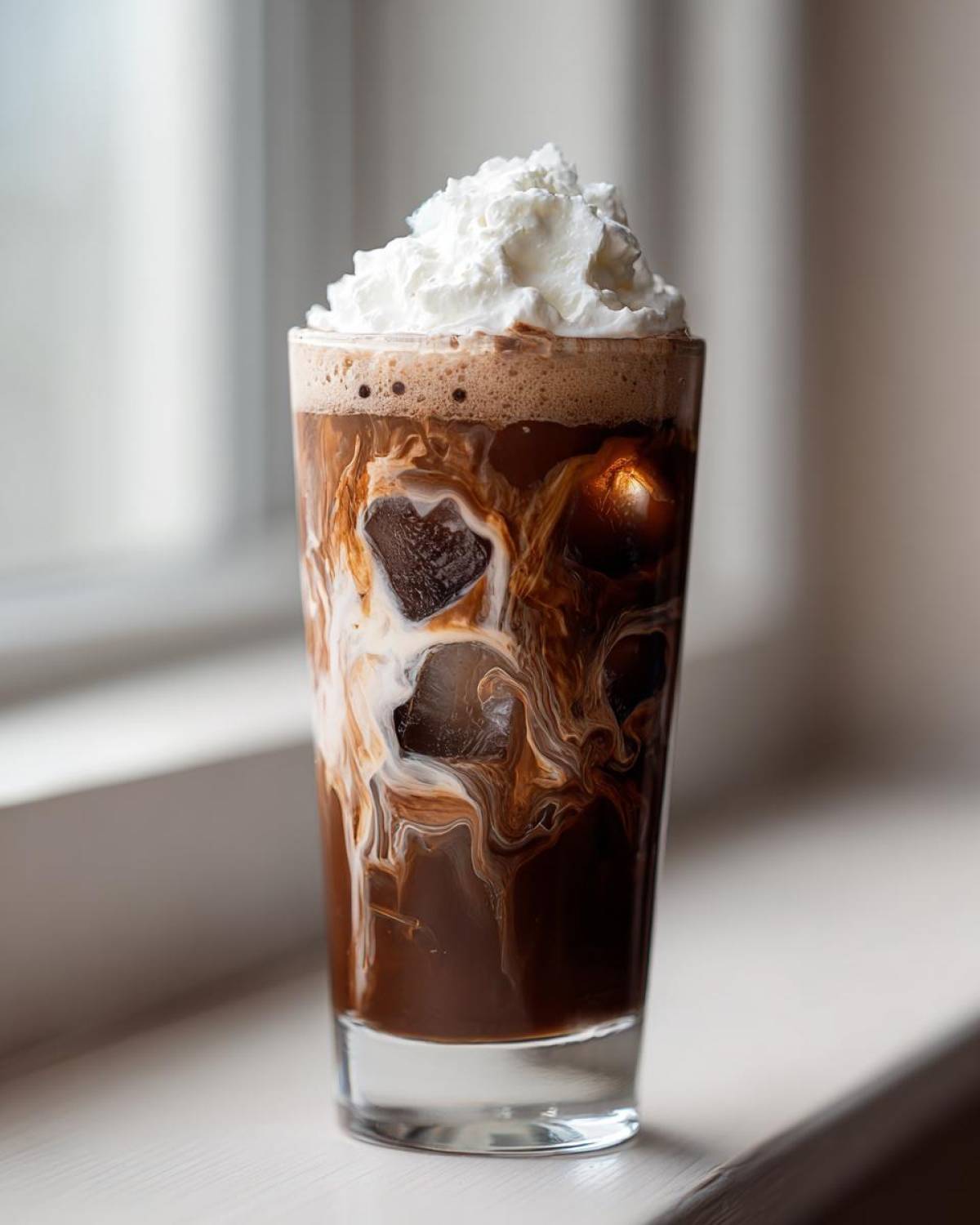 A tall glass of Iced Mocha showing rich chocolate swirls mixing with milk and topped with whipped cream.