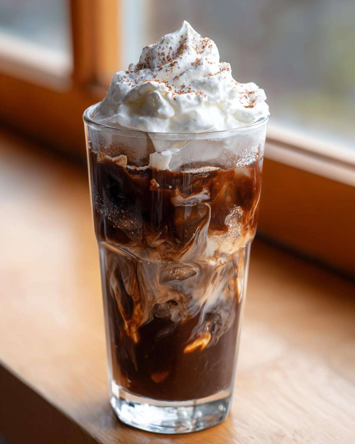 A tall glass of rich Iced Mocha with swirling chocolate and cream, topped with whipped cream and a dusting of cocoa.