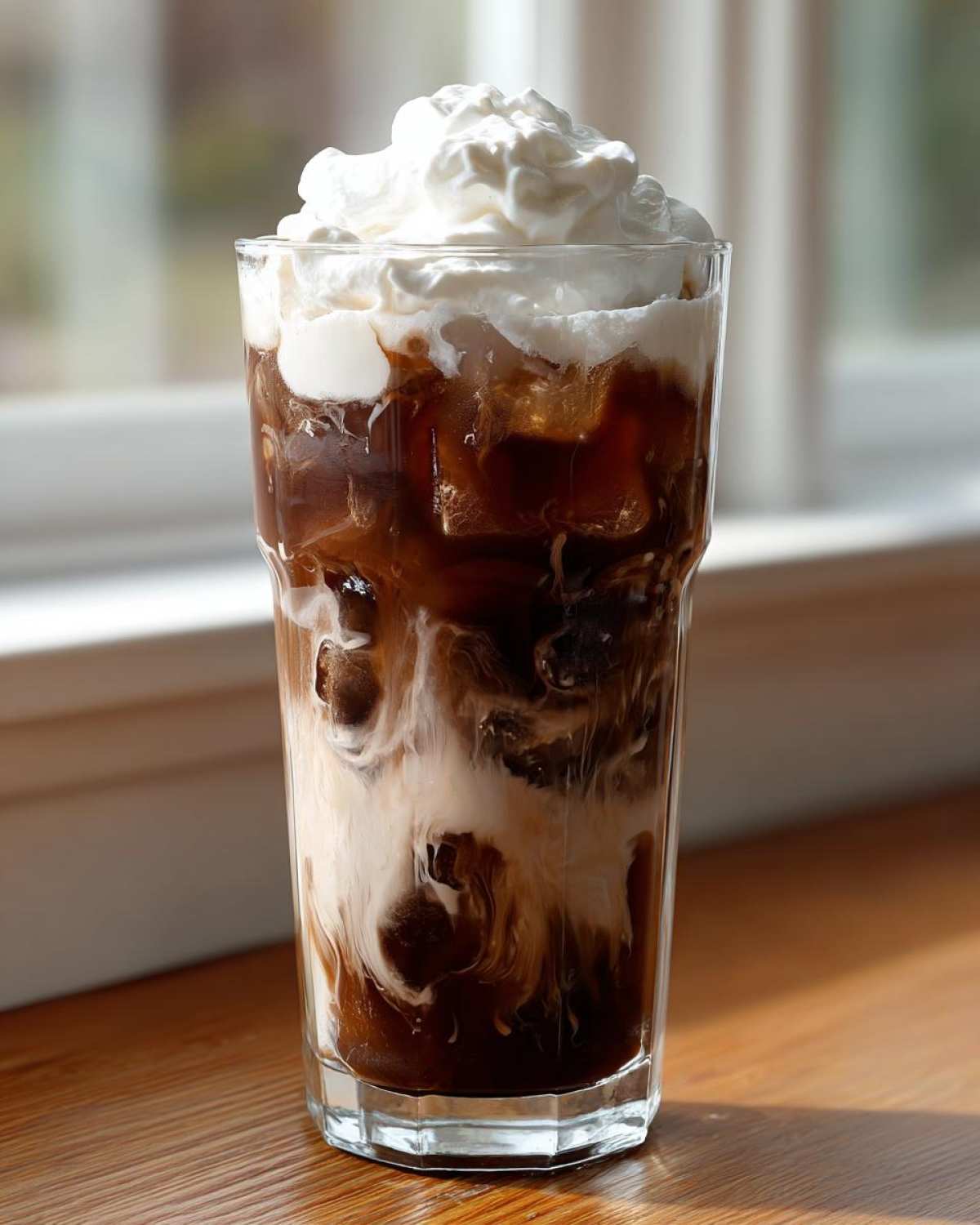 A tall glass filled with a swirling Iced Mocha, ice cubes, and topped generously with whipped cream.