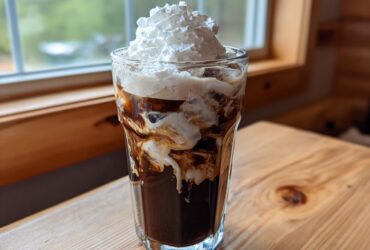 A tall glass of rich Iced Mocha swirled with cream and topped high with whipped cream, sitting on a wooden table.