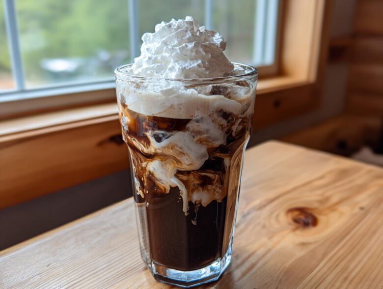 A tall glass of rich Iced Mocha swirled with cream and topped high with whipped cream, sitting on a wooden table.