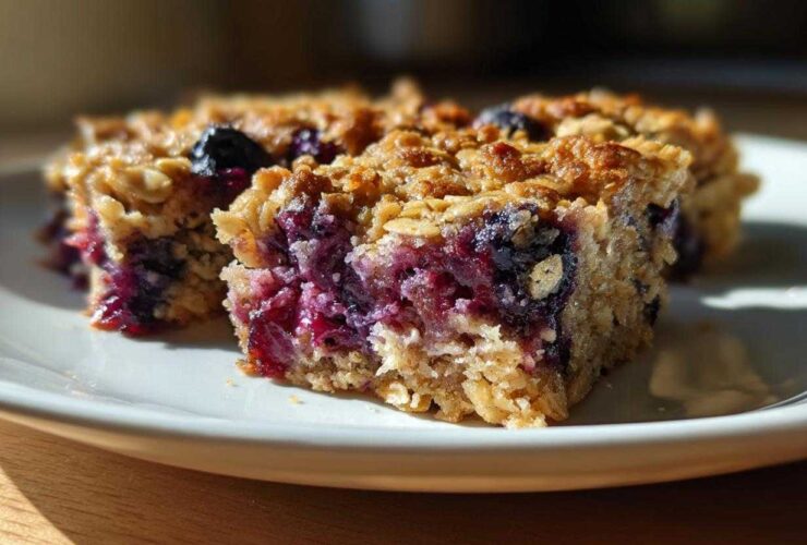 Two moist slices of Blueberry Baked Oatmeal Squares showing a rich layer of baked blueberries and an oat crumble topping.