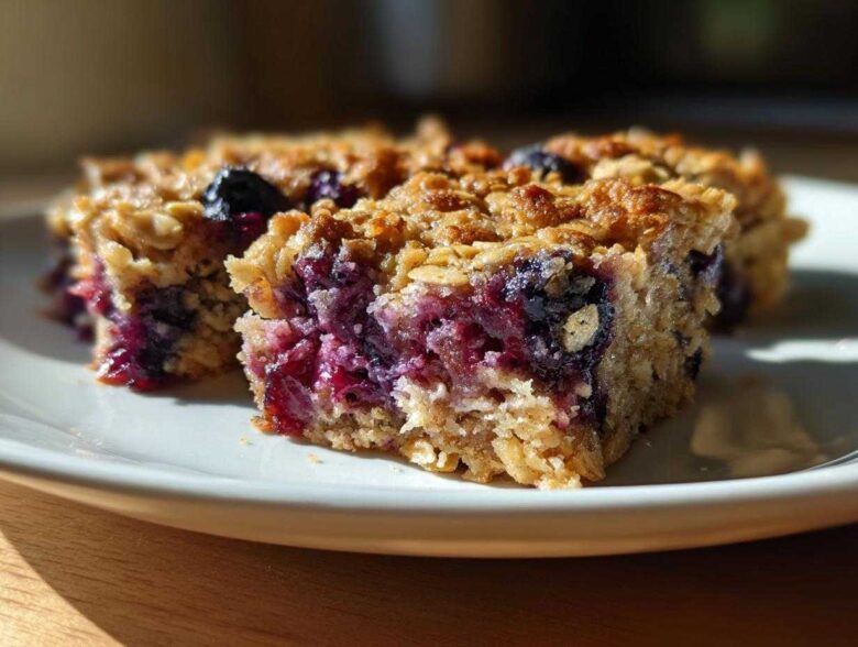 Two moist slices of Blueberry Baked Oatmeal Squares showing a rich layer of baked blueberries and an oat crumble topping.