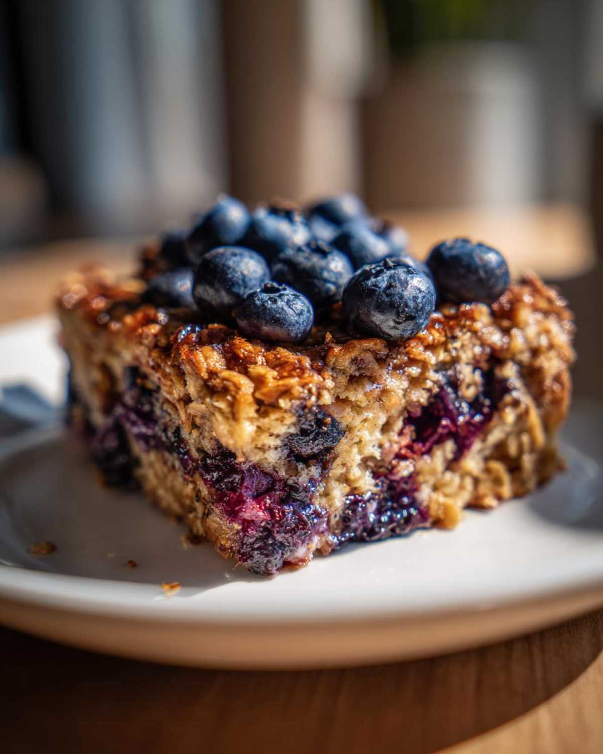 A single serving of Blueberry Baked Oatmeal Squares topped with fresh blueberries on a white plate.