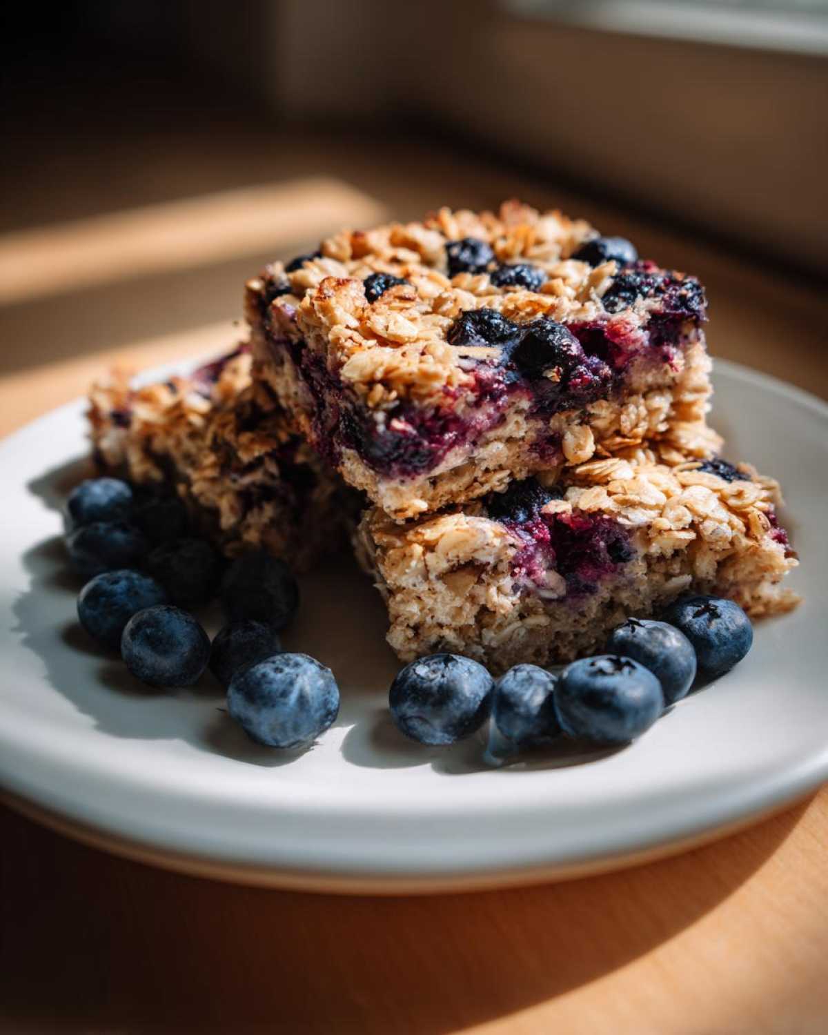 Two stacked Blueberry Baked Oatmeal Squares garnished with fresh blueberries on a white plate.