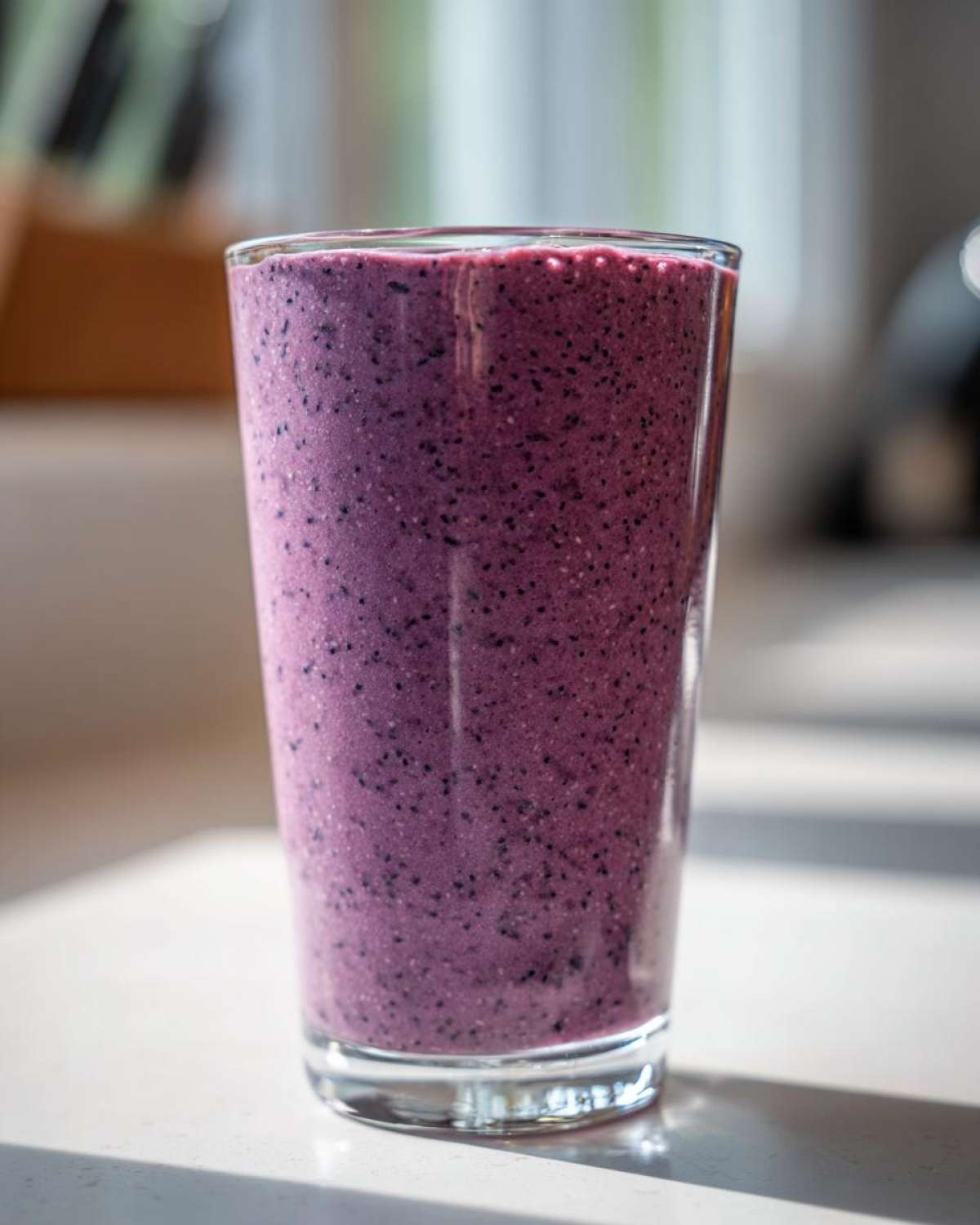 Close-up of a tall glass filled with a thick, purple Blueberry Lemon Chia Smoothie, showing tiny dark specks.