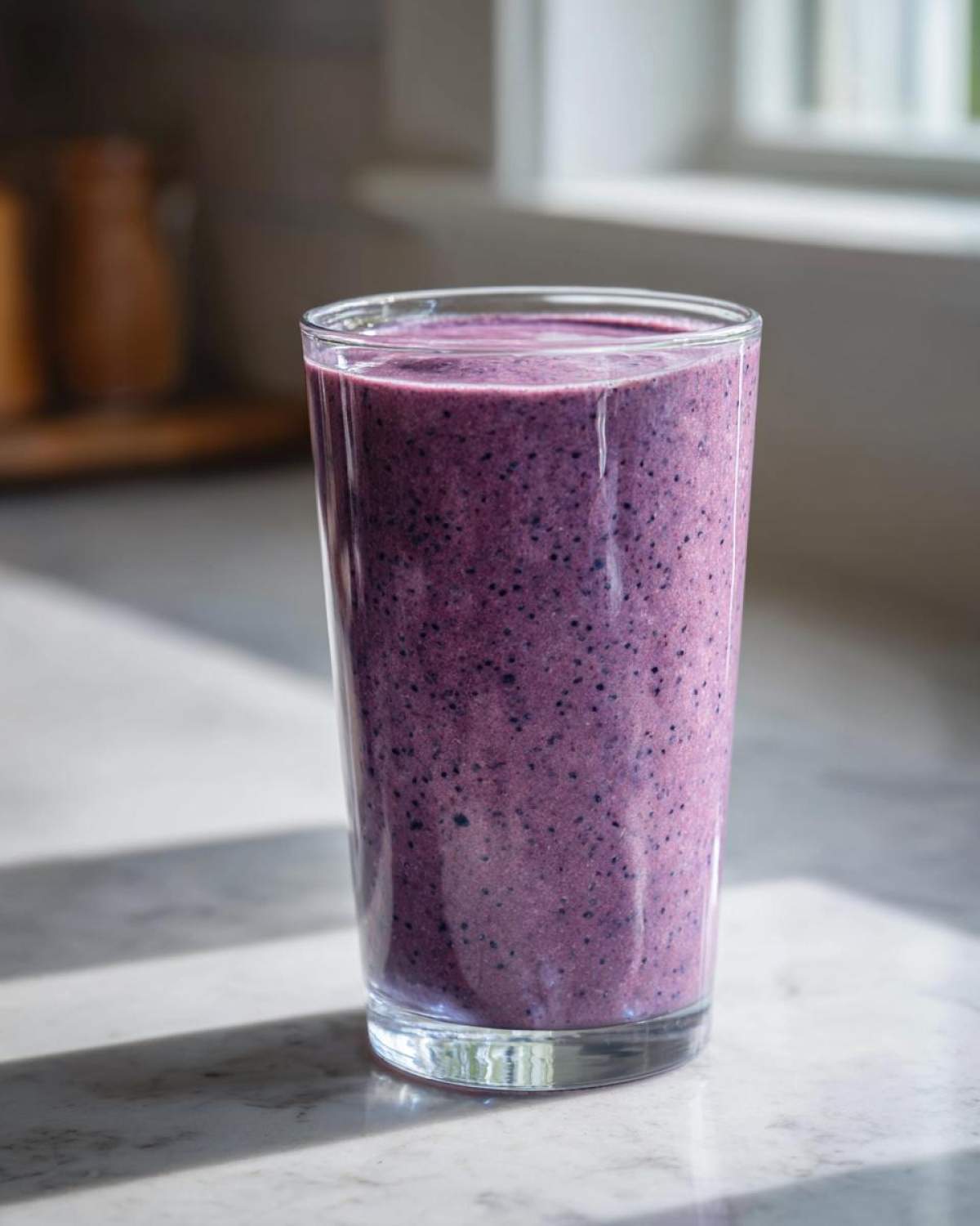 A tall glass filled with a thick, deep purple Blueberry Lemon Chia Smoothie sitting on a bright countertop.