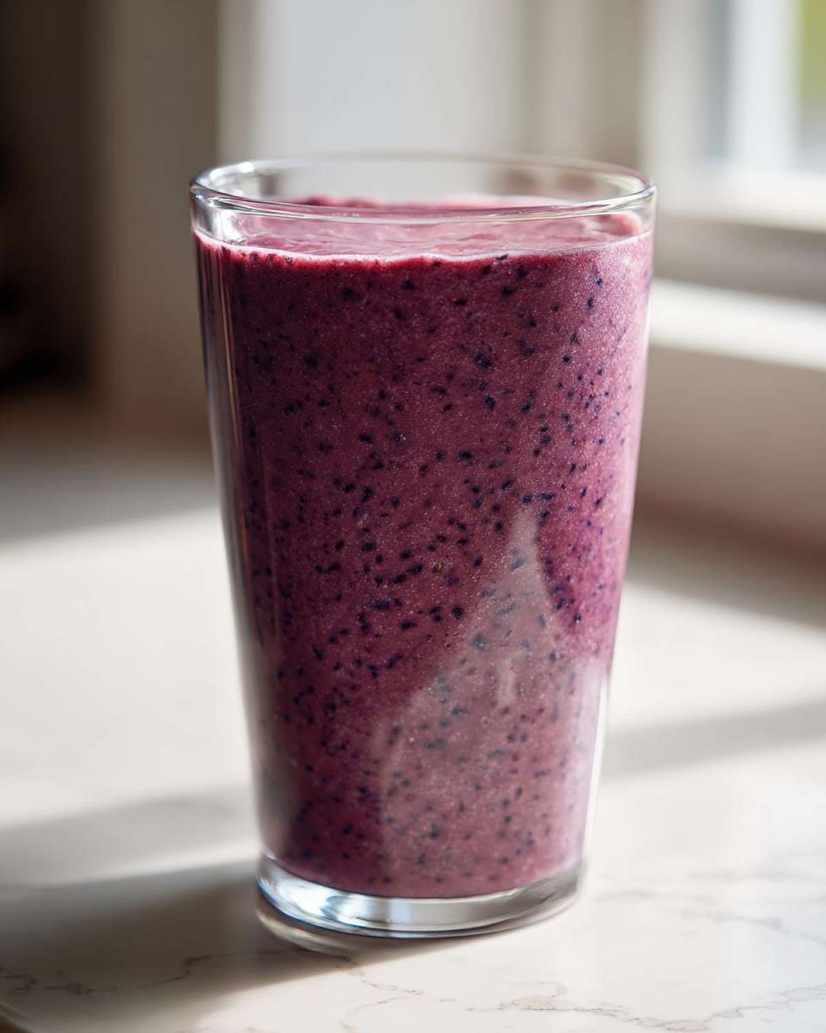 A tall glass filled with a thick, purple Blueberry Lemon Chia Smoothie, showing visible chia seeds.