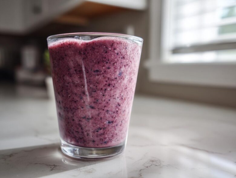 A tall glass filled with a thick, purple Blueberry Lemon Chia Smoothie sitting on a white marble counter.
