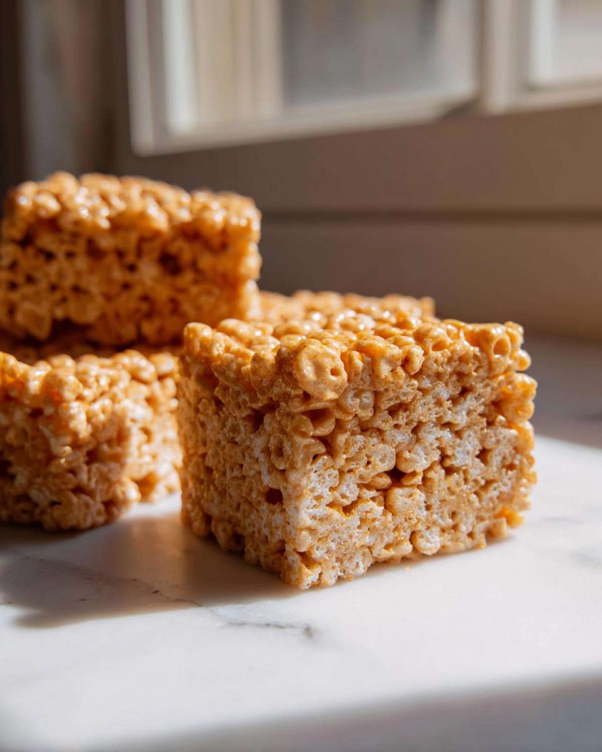 Close-up of several chewy Brown Butter Rice Krispie Treat Bars stacked on a white marble surface.
