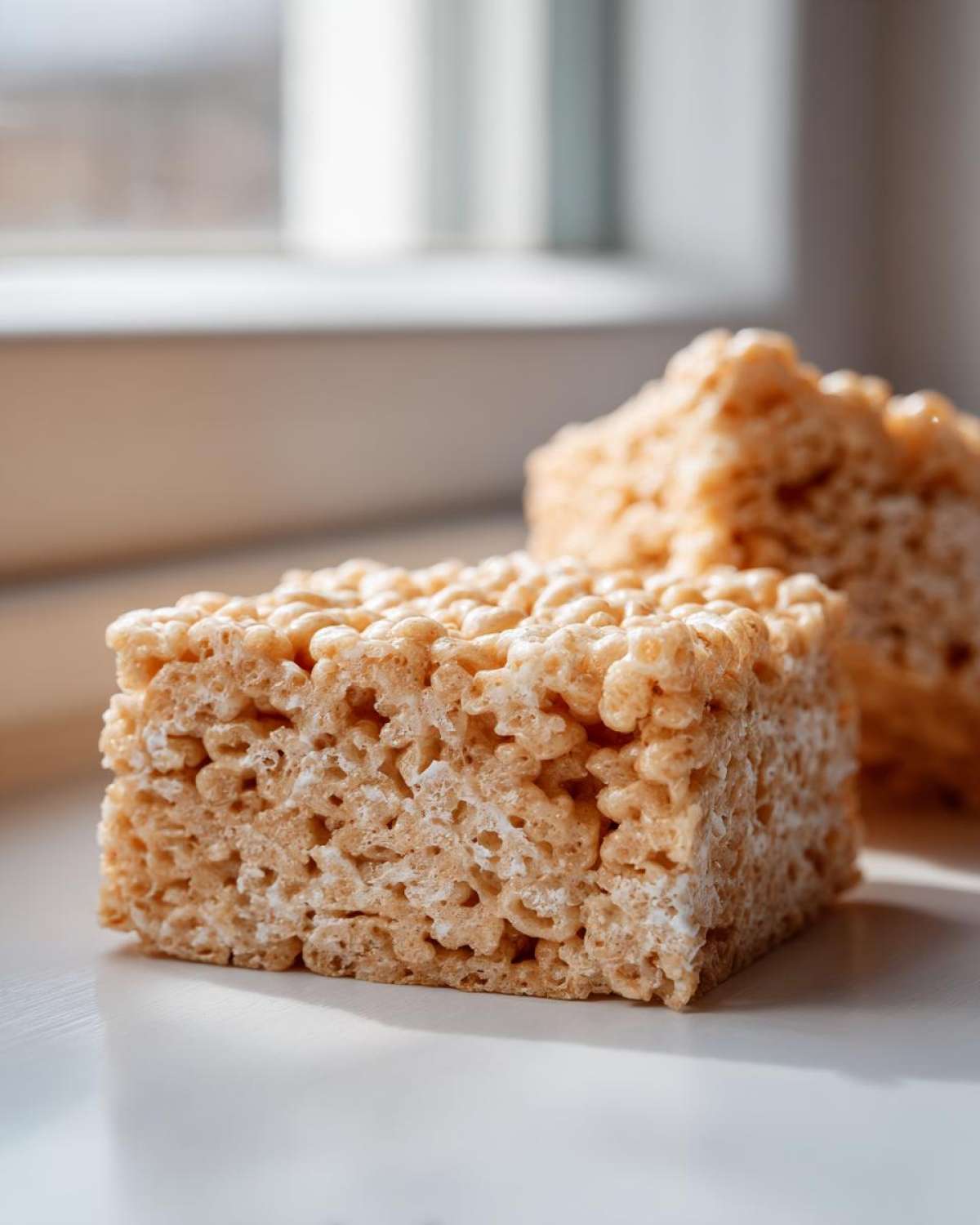 A close-up view of a perfectly cut square of Brown Butter Rice Krispie Treat Bars showing the texture.