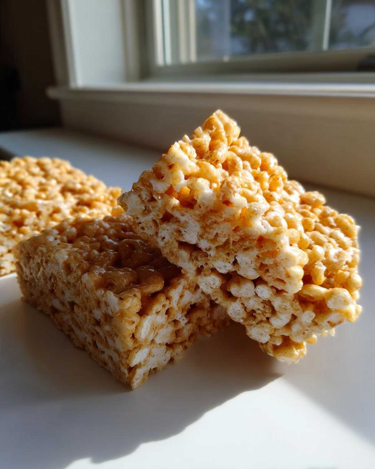 Two stacked Brown Butter Rice Krispie Treat Bars showing texture and golden brown color.
