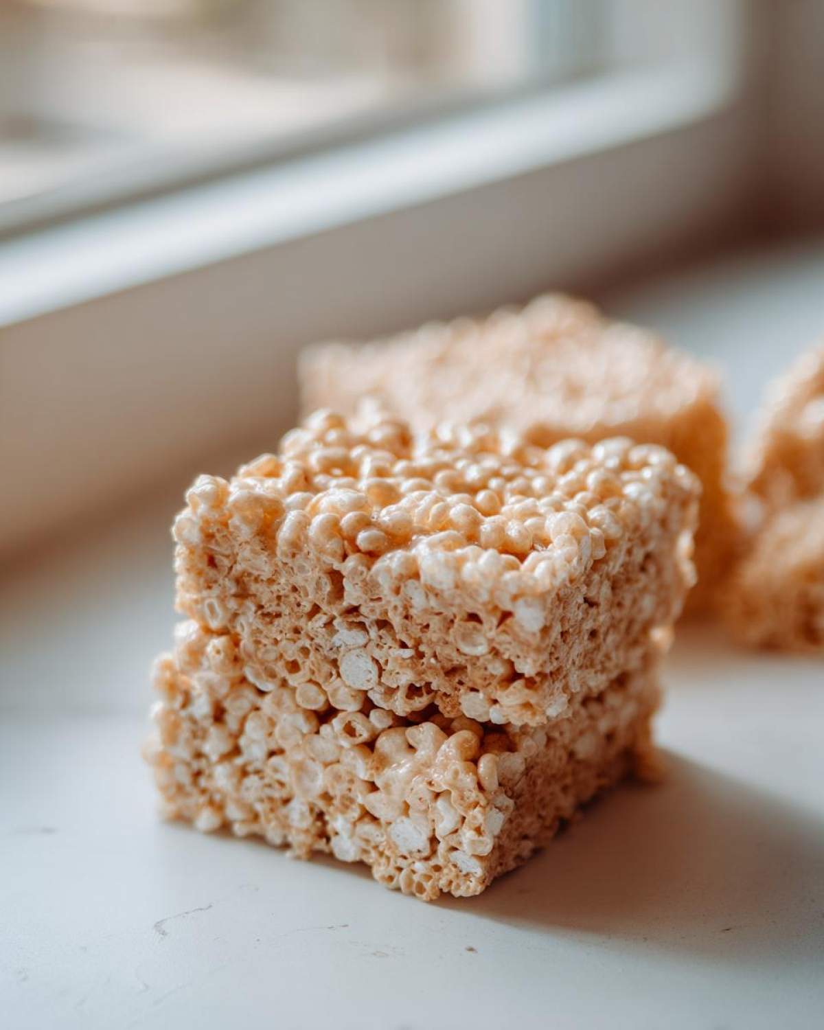 Two stacked squares of chewy Brown Butter Rice Krispie Treat Bars showing the texture of puffed rice cereal.