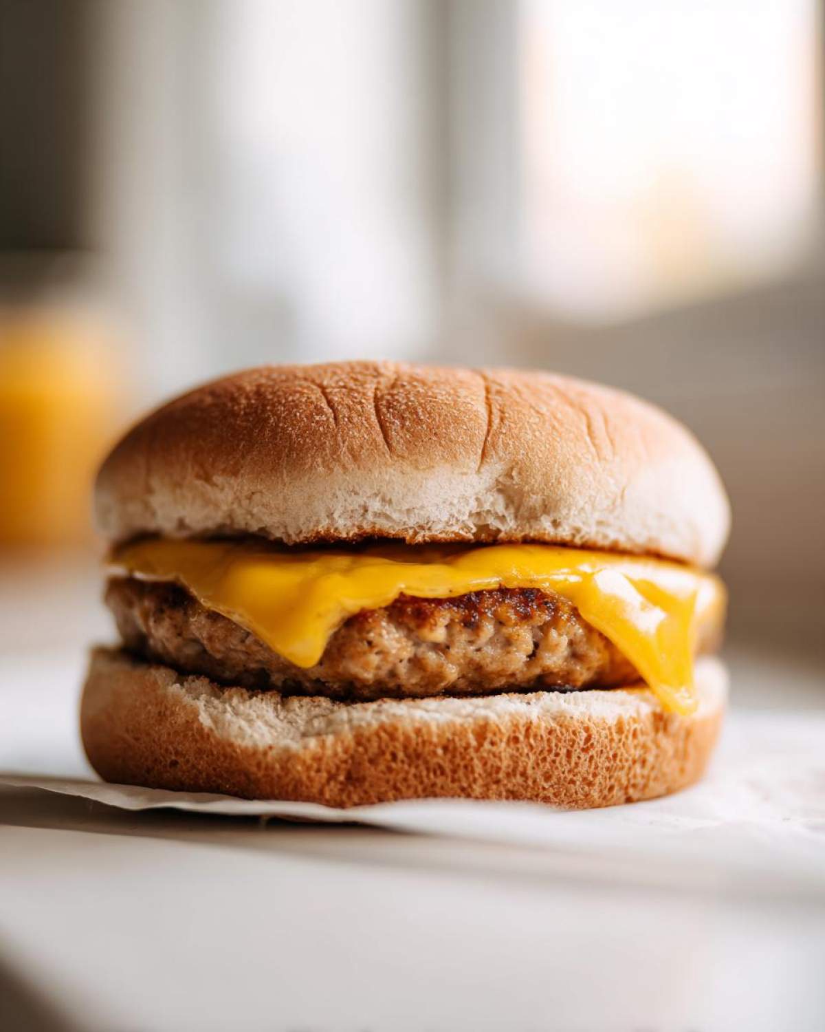 Close-up of a perfectly cooked Air Fryer Turkey Burger patty topped with melted American cheese on a toasted bun.