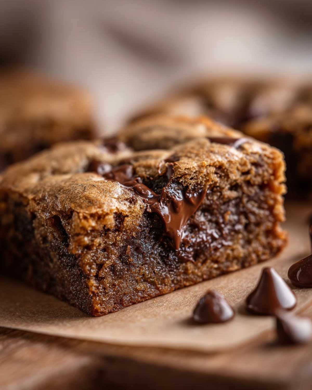 A close-up view of a freshly baked, chewy chocolate chip cookie bar with melted chocolate oozing out.