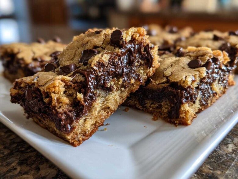 Two squares of Chewy Chocolate Chip Cookie Bars showing a thick, gooey melted chocolate center and golden brown edges.