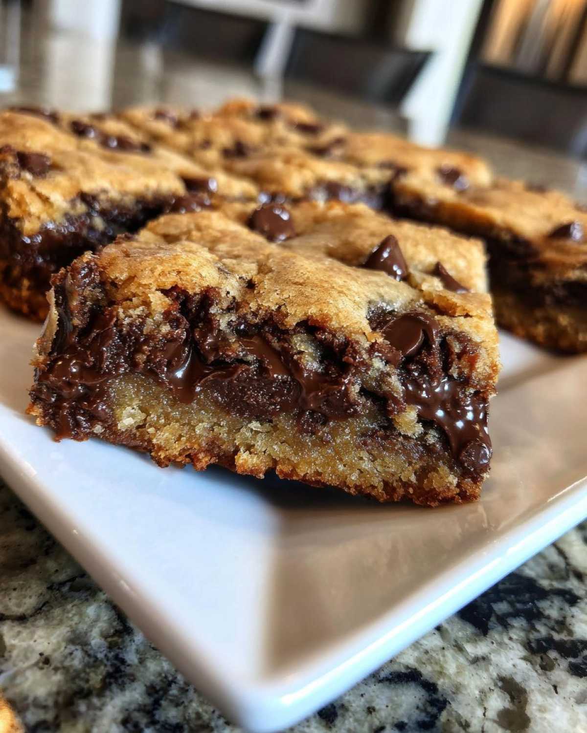 A close-up view of a freshly cut, gooey Chewy Chocolate Chip Cookie Bars slice showing melted chocolate.