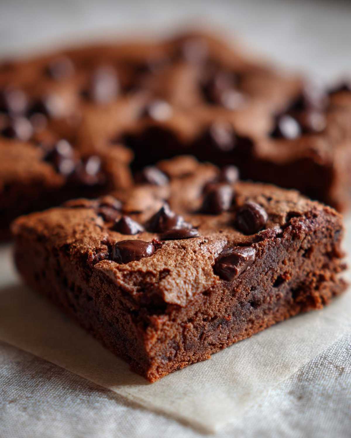 A close-up, low-angle shot of a rich, fudgy slice of Chewy Chocolate Chip Cookie Bars topped with melted chocolate chips.