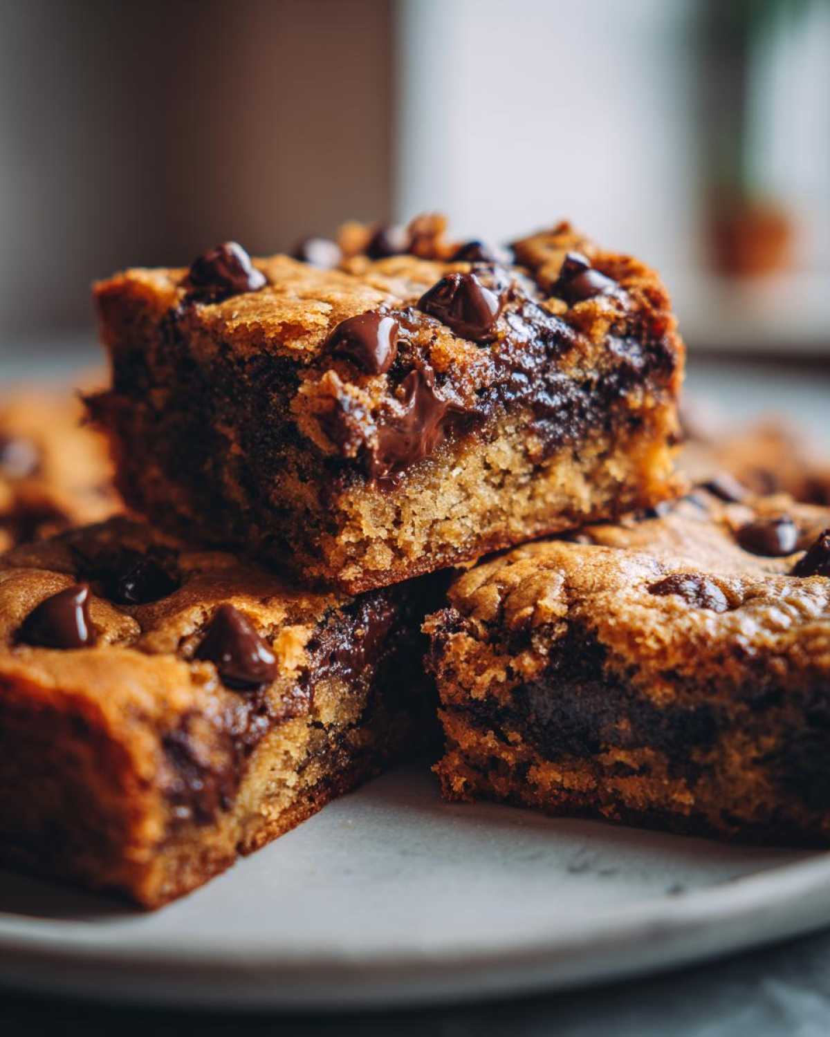 Close-up of three stacked Chewy Chocolate Chip Cookie Bars showing gooey melted chocolate centers and chocolate chips.