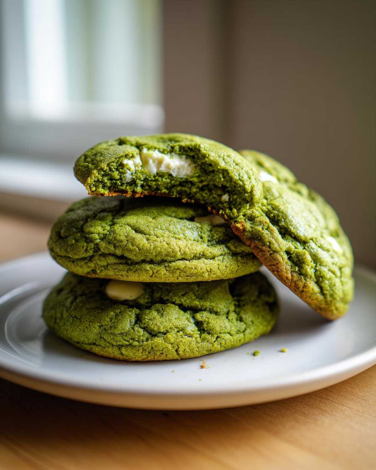 A stack of three vibrant green Chewy Matcha White Chocolate Cookies, one broken open to show melted white chocolate.