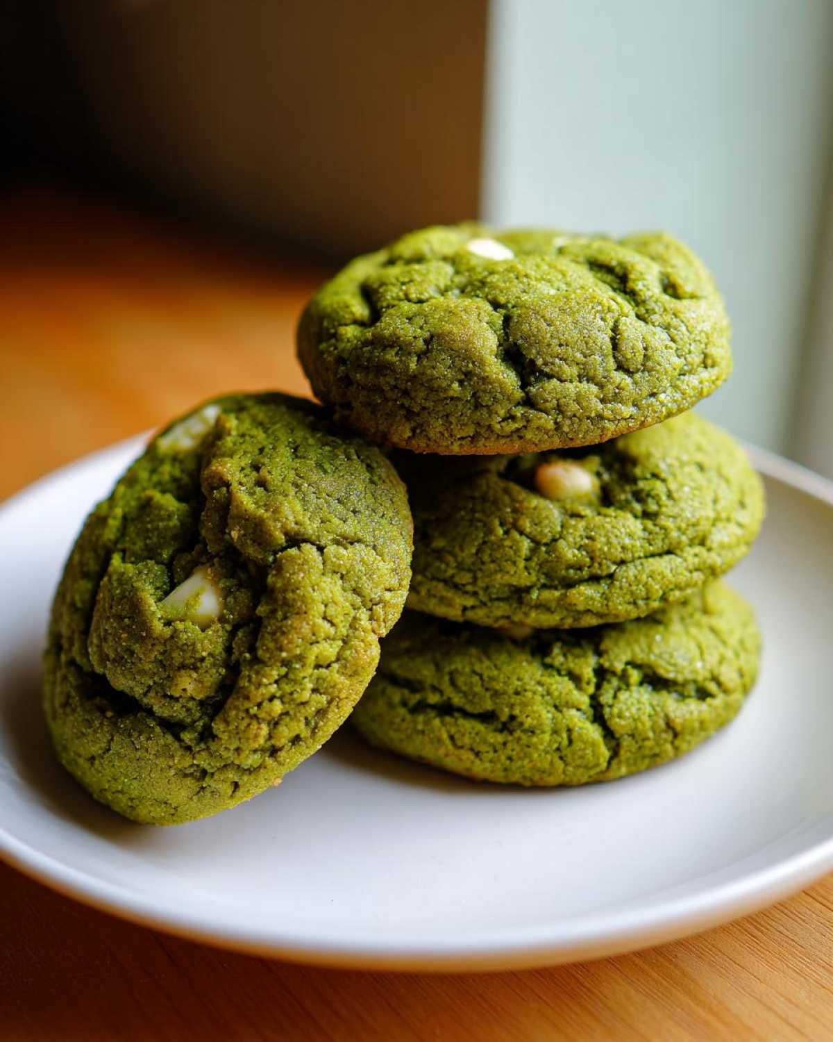A stack of four vibrant green, chewy matcha white chocolate cookies on a white plate.