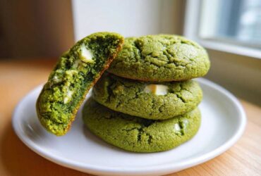 A stack of three vibrant green Chewy Matcha White Chocolate Cookies, with one cookie broken open revealing the soft interior and white chocolate chunks.