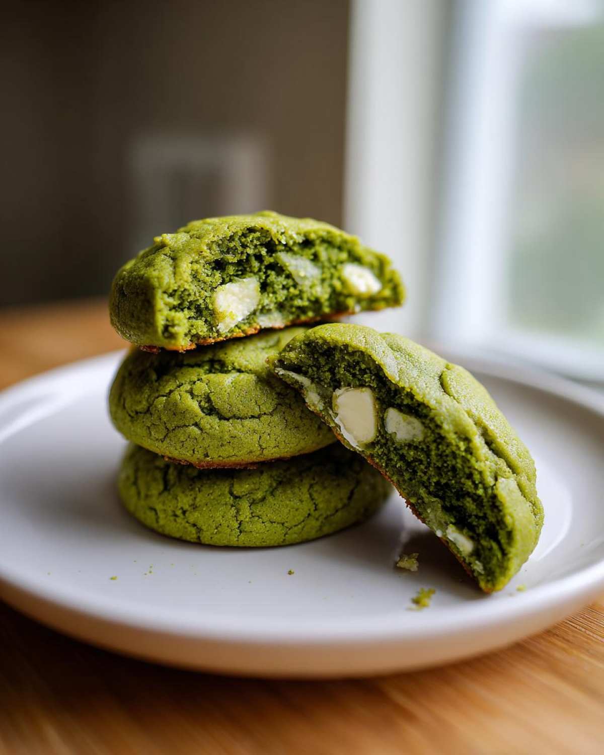 Stack of three Chewy Matcha White Chocolate Cookies, one broken open to show the soft interior and white chocolate chunks.