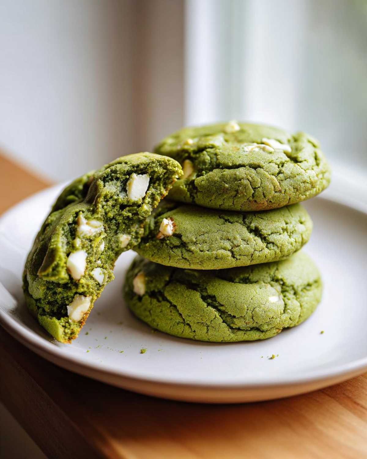 A stack of three vibrant green Chewy Matcha White Chocolate Cookies with one broken open showing the soft interior.