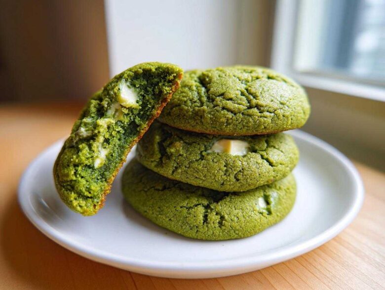 A stack of three vibrant green Chewy Matcha White Chocolate Cookies, with one cookie broken open revealing the soft interior and white chocolate chunks.