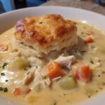 A bowl of creamy Chicken Pot Pie Soup topped with a golden biscuit and visible chunks of chicken and vegetables.