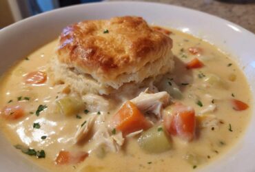 A bowl of creamy Chicken Pot Pie Soup topped with a golden biscuit and visible chunks of chicken and vegetables.
