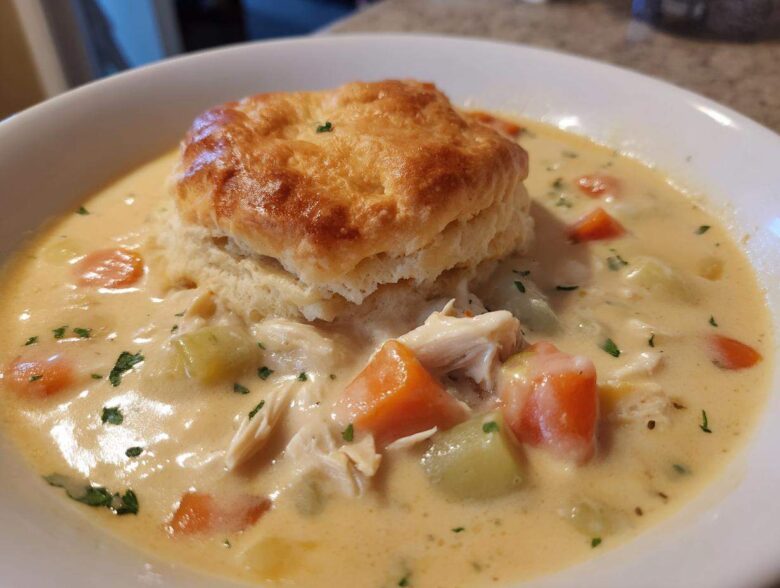 A bowl of creamy Chicken Pot Pie Soup topped with a golden biscuit and visible chunks of chicken and vegetables.