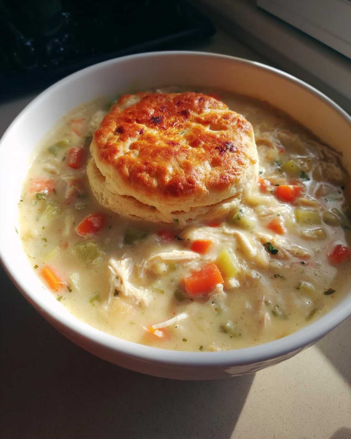 A warm bowl of creamy Chicken Pot Pie Soup filled with vegetables and topped with a golden brown biscuit.