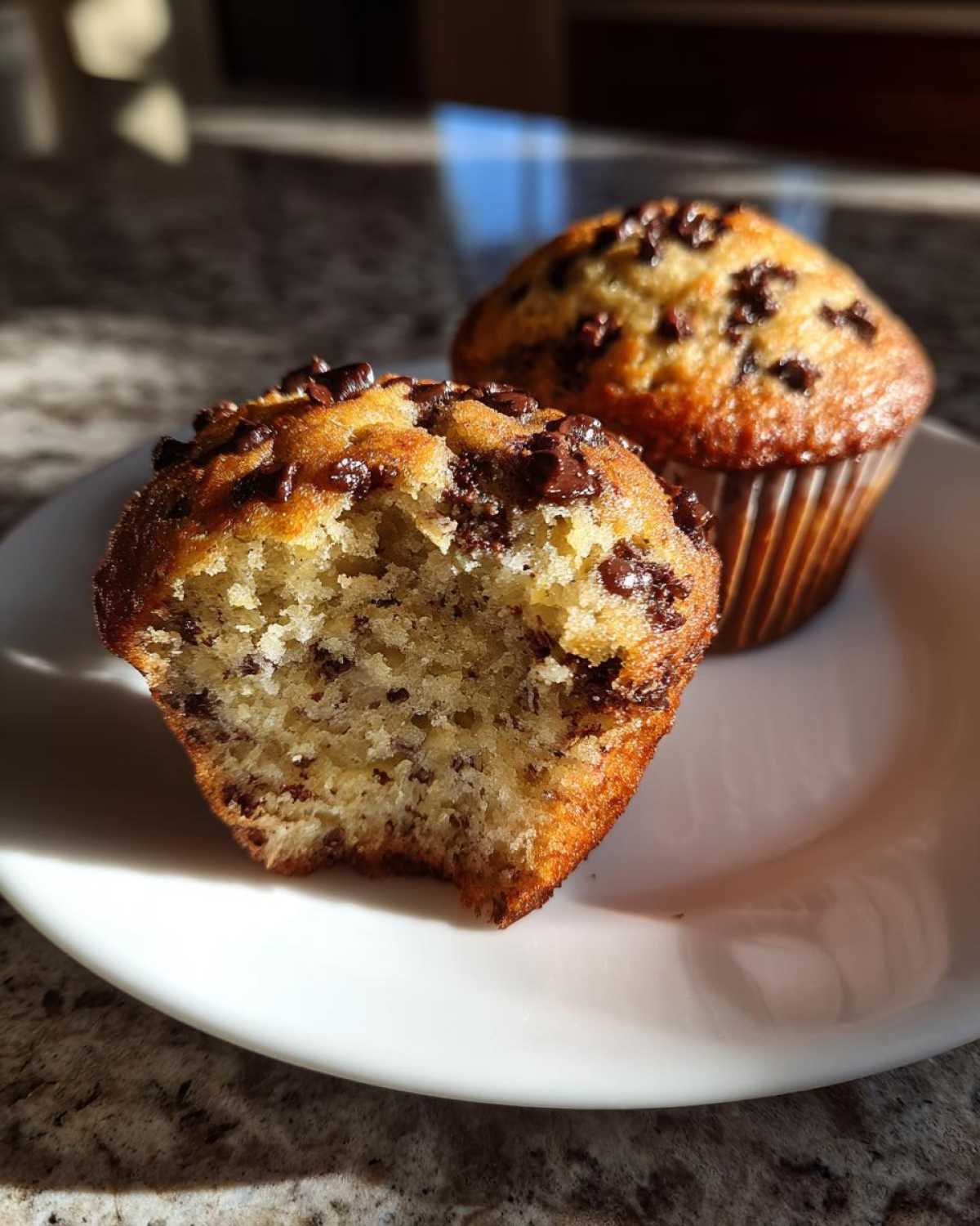 Close-up of two Chocolate Chip Banana Muffins, one bitten open to show the moist interior, sitting on a white plate.