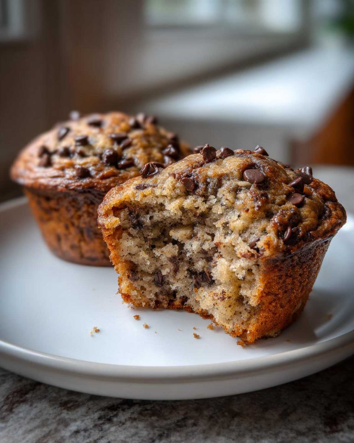 Close-up of a Chocolate Chip Banana Muffin with a bite taken out, showing the moist interior and chocolate chips.