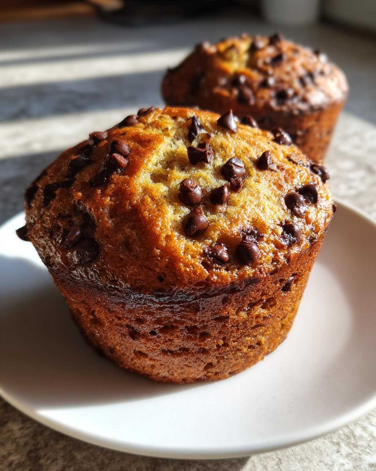 Close-up of a perfectly baked Chocolate Chip Banana Muffin, golden brown and studded with chocolate chips, resting on a white plate.