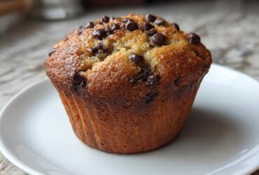 A perfectly baked, golden brown Chocolate Chip Banana Muffin topped with melted chips on a white plate.