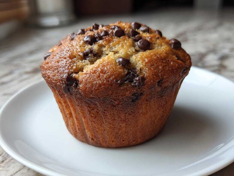 A perfectly baked, golden brown Chocolate Chip Banana Muffin topped with melted chips on a white plate.