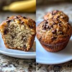 Split image showing a whole and a halved Chocolate Chip Banana Muffins, revealing the moist interior.