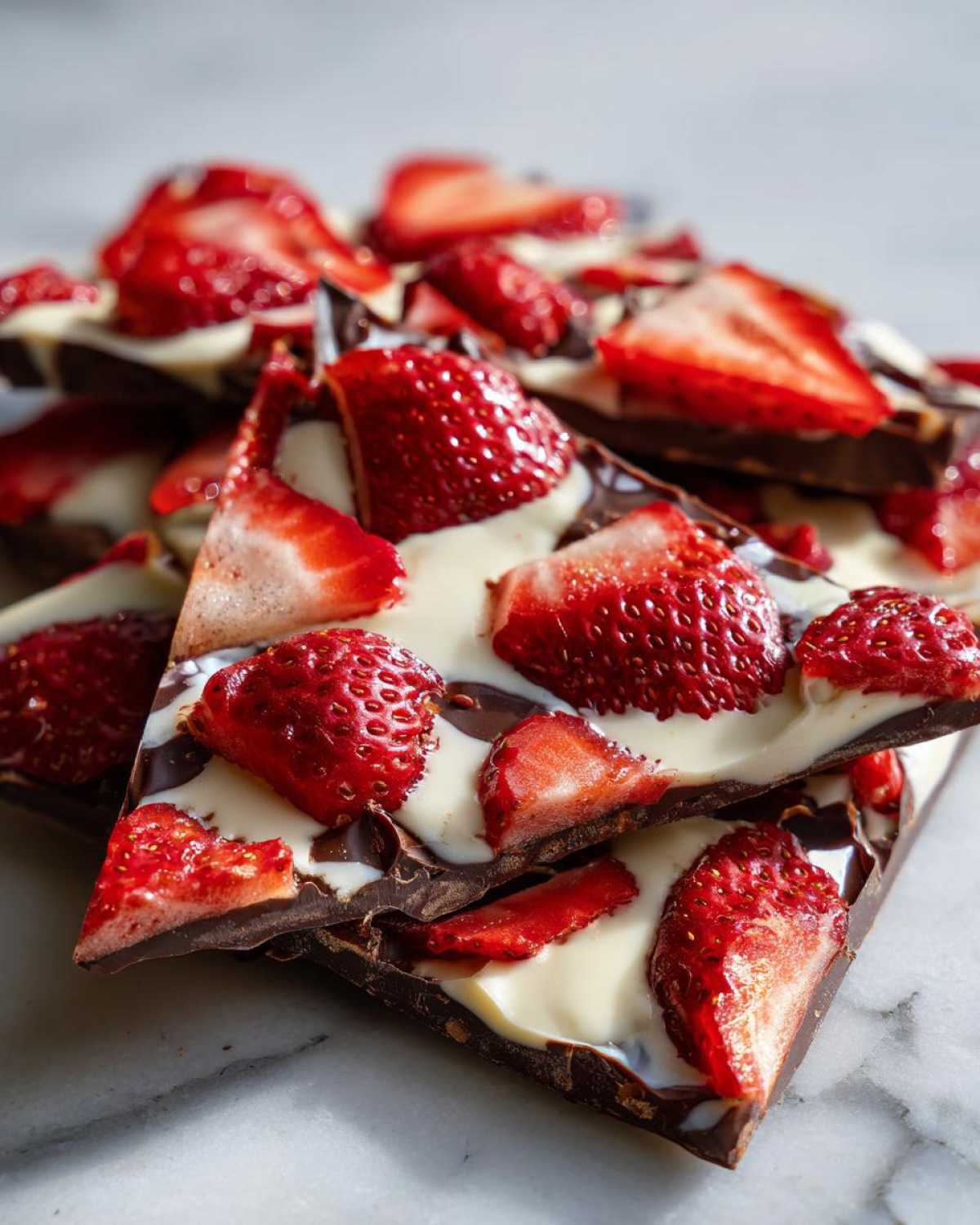 Close-up of broken pieces of Chocolate Covered Strawberry Bark featuring dark chocolate, white chocolate swirls, and fresh strawberry slices.