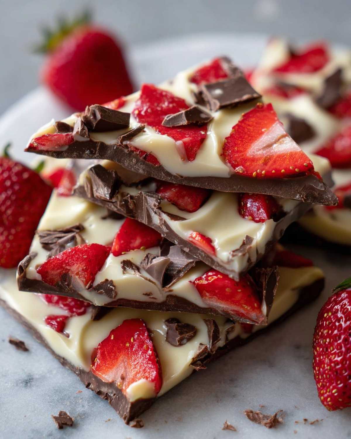 Three stacked pieces of Chocolate Covered Strawberry Bark featuring dark chocolate, white chocolate, and fresh strawberry slices.