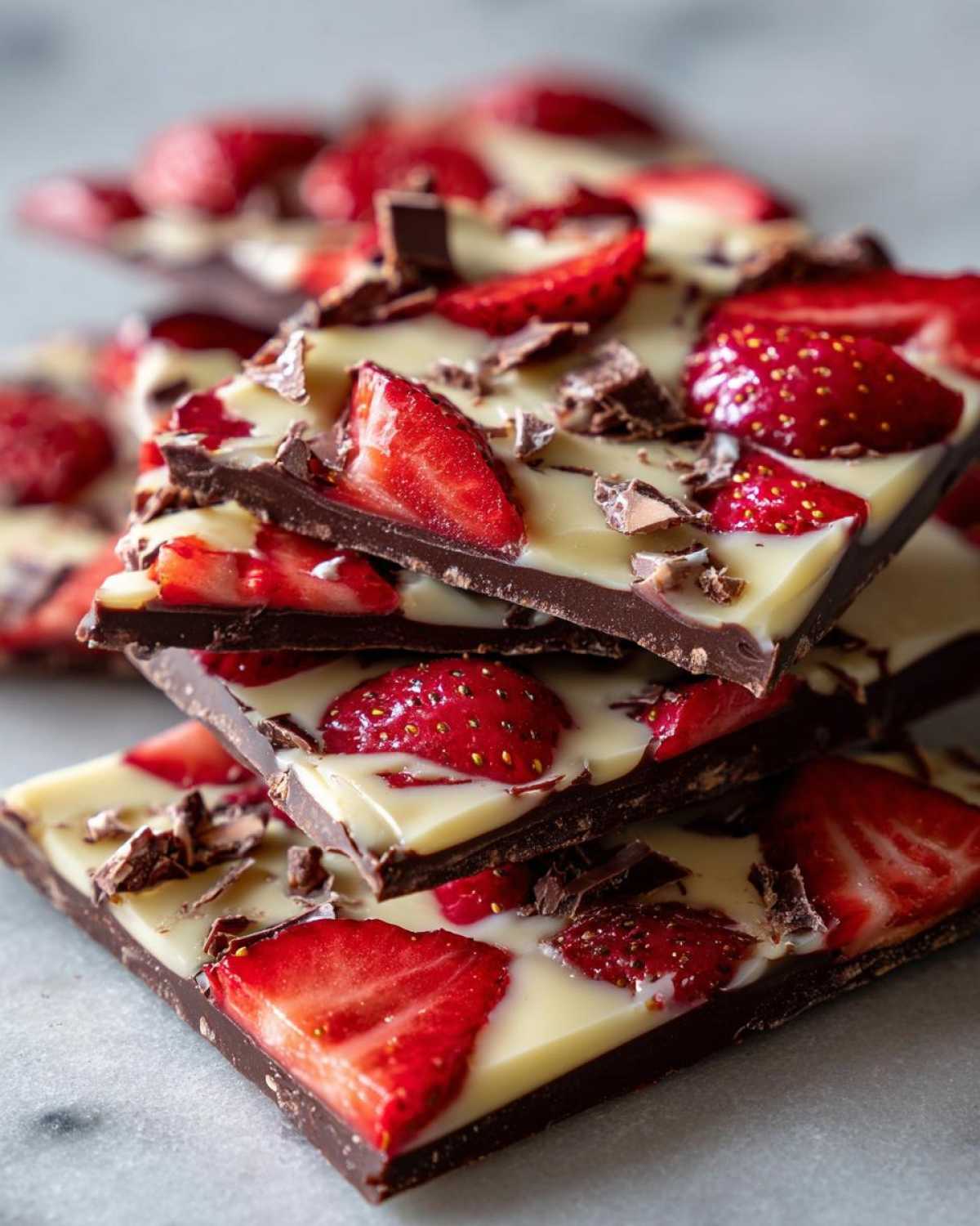 A stack of broken pieces of Chocolate Covered Strawberry Bark featuring dark chocolate, white chocolate, and fresh strawberry slices.