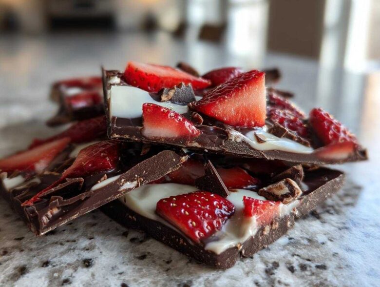 Close-up of stacked pieces of Chocolate Covered Strawberry Bark featuring dark chocolate, white drizzle, and fresh strawberry slices.